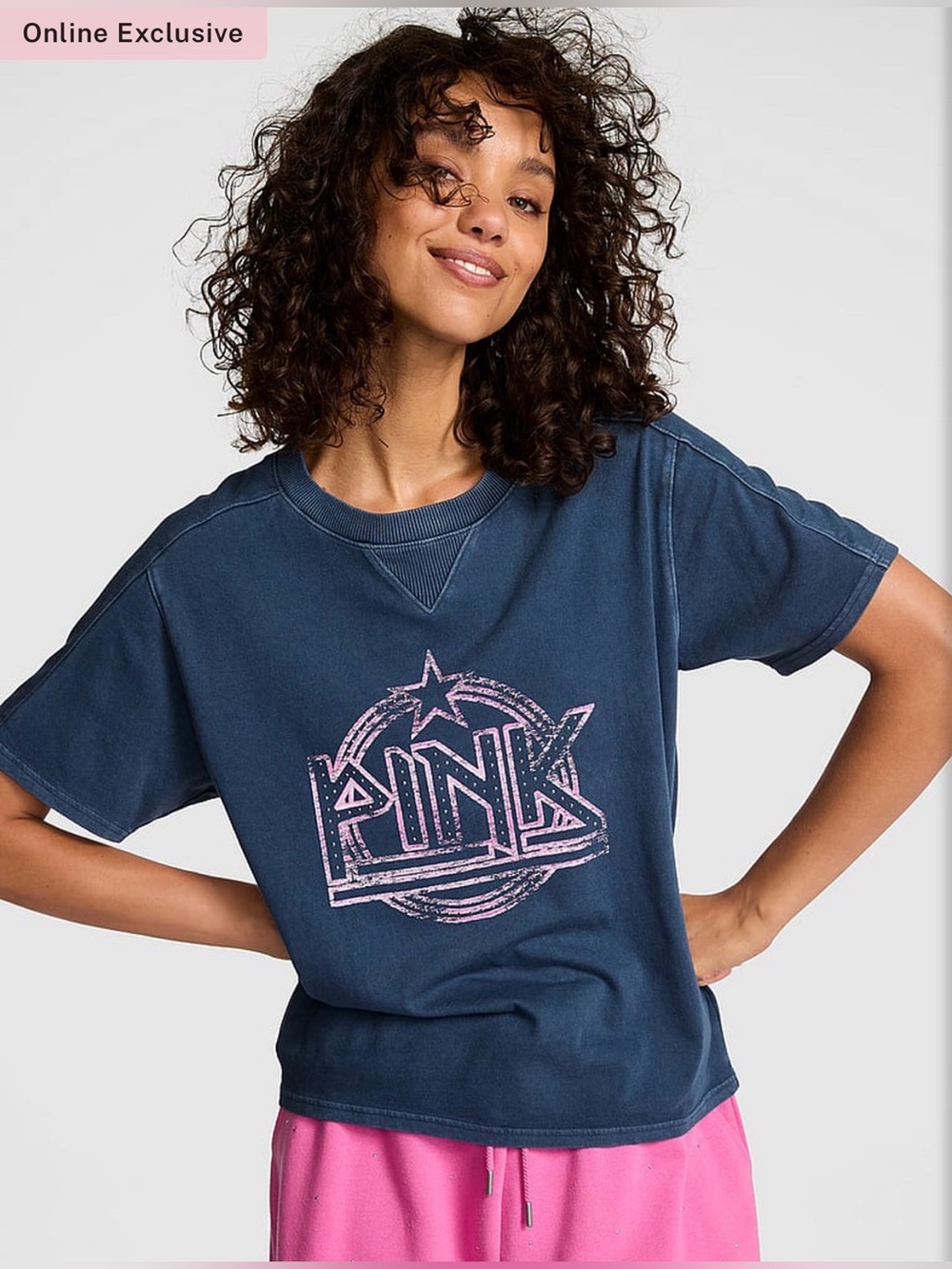 VS PINK LIMITED EDITION RETRO COTTON BOXY TEE NOIR NAVY BAND BLING FASHION SHOW
